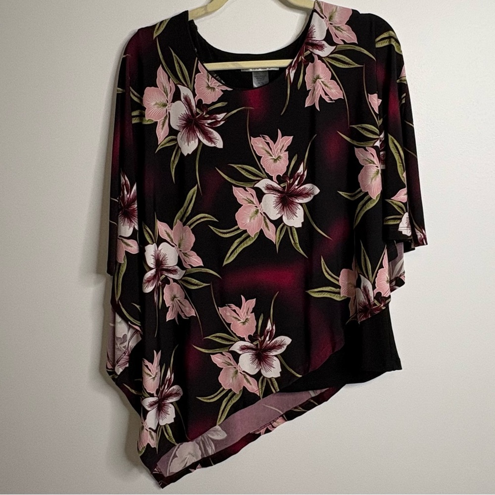 TanJay Black and Pink Floral Asymmetrical Blouse Size PL